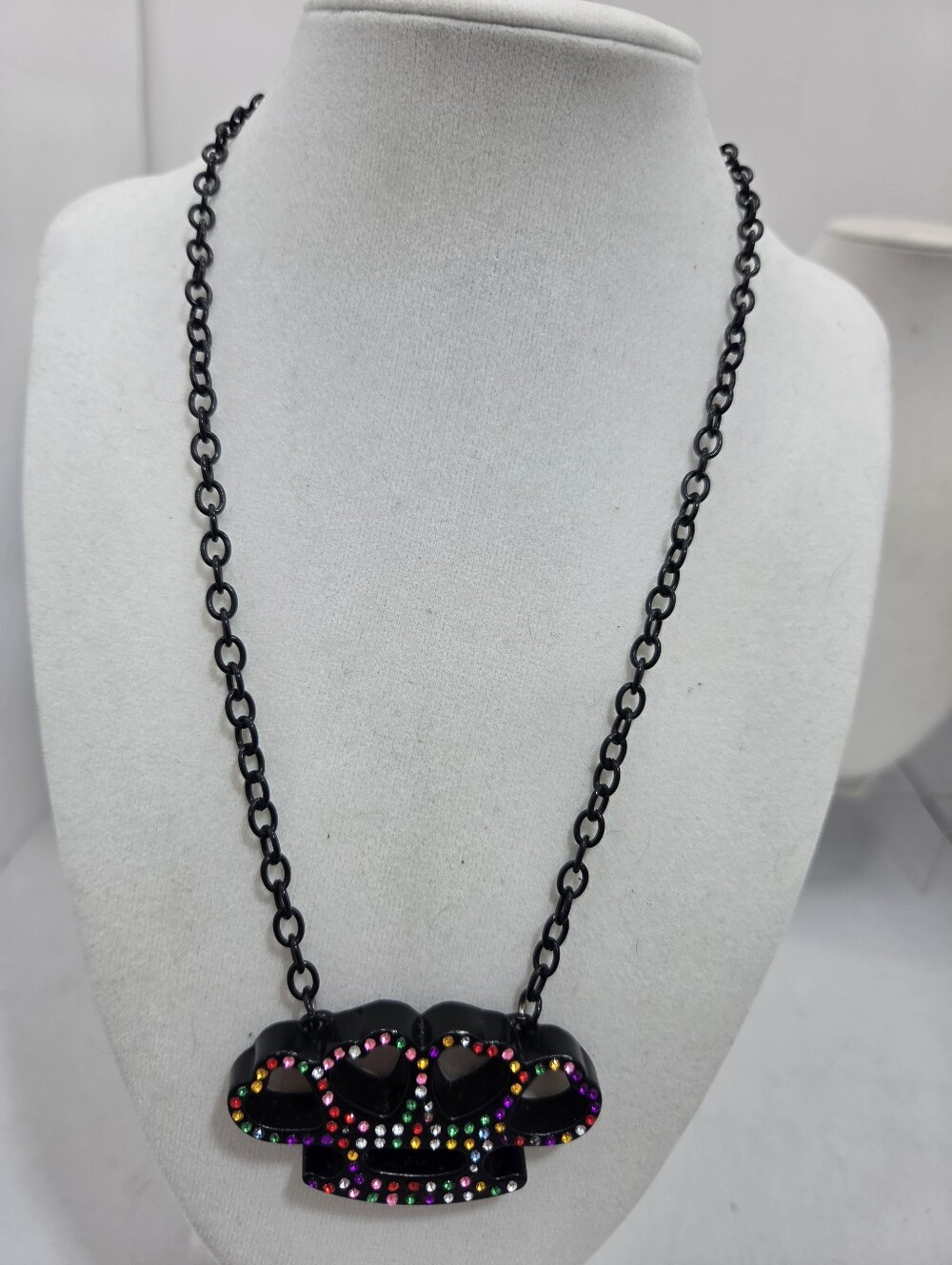 ⚡️🌈 Rock Rebel Matte Black Rhinestone Knuckle Duster Necklace 🖤💎